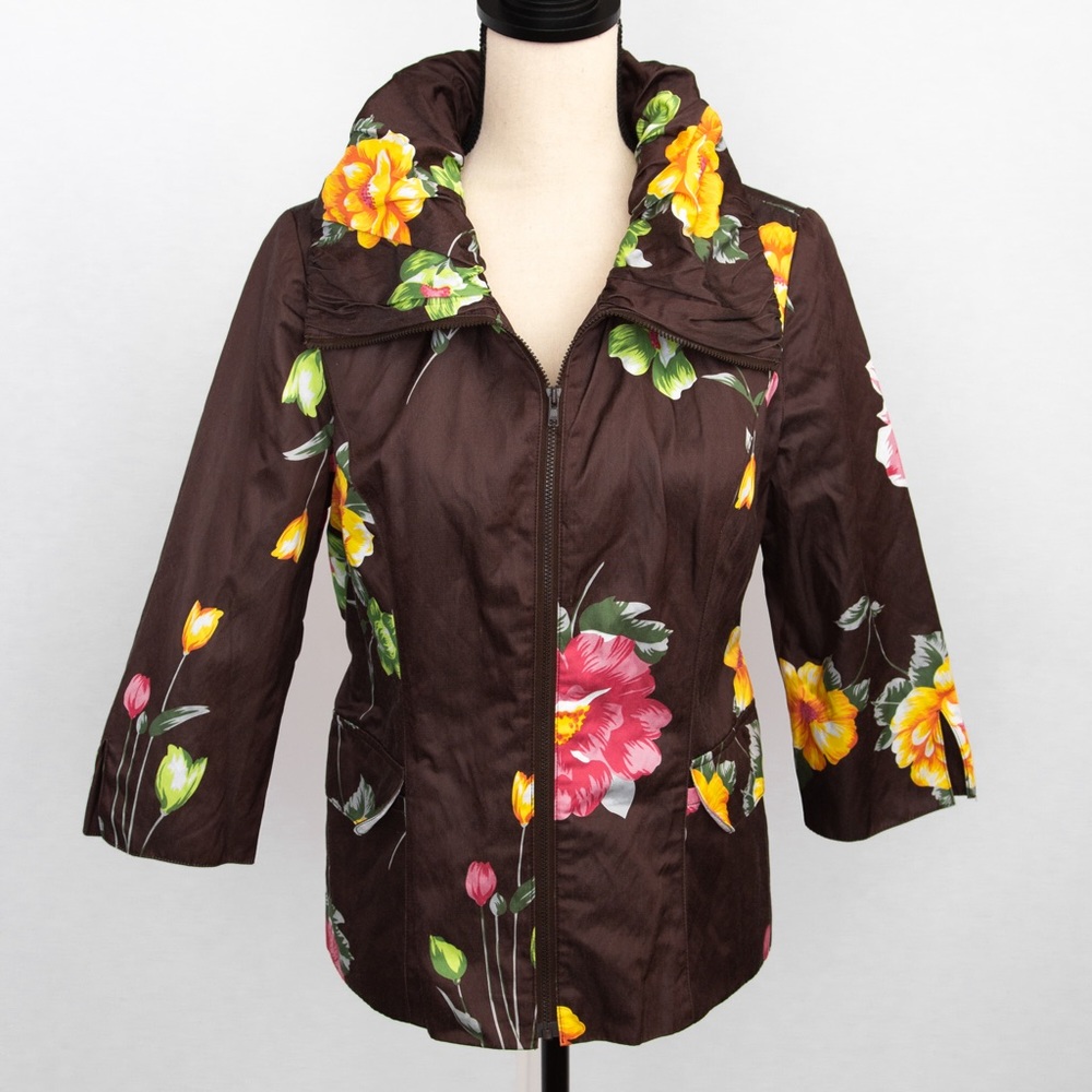 Brown bold floral print full zipper jacket three quarter length sleeve Kial M